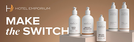 Banner showing Hotel Emporium products: shampoo, conditioner, body lotion, and body wash. Text reads “MAKE the SWITCH.” Banner showing Hotel Emporium products: shampoo, conditioner, body lotion, and body wash. Text reads “MAKE the SWITCH.”