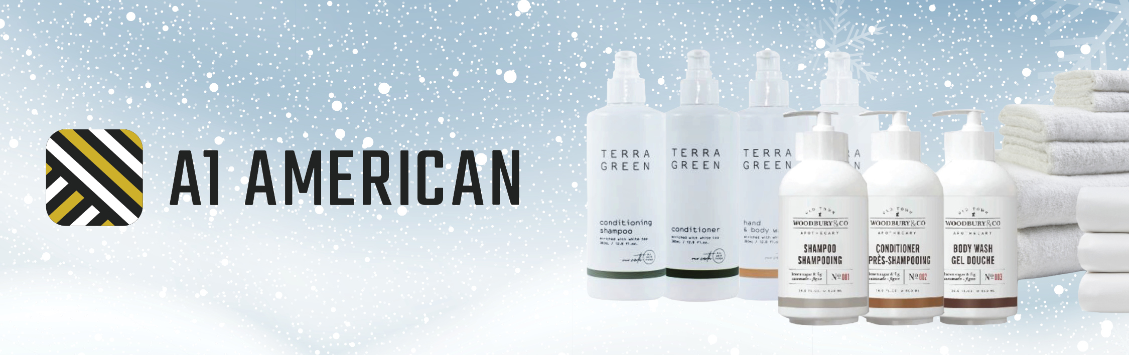A1 American banner showcasing Terra Green and Apotheke brand toiletries. A1 American banner showcasing Terra Green and Apotheke brand toiletries.