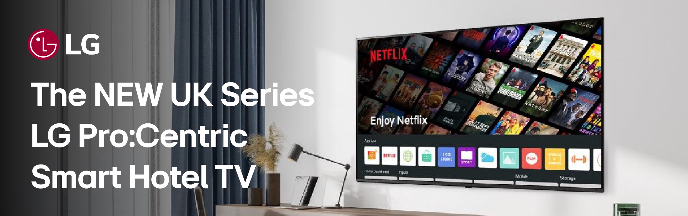 Promotional image for LG's new UK Series Pro:Centric Smart Hotel TV. Promotional image for LG's new UK Series Pro:Centric Smart Hotel TV.