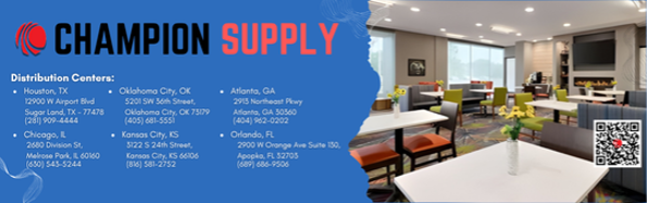 Champion Supply banner, left side lists six distribution center locations. A QR code is visible. Champion Supply banner, left side lists six distribution center locations. A QR code is visible.