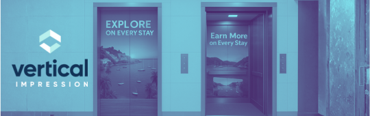 Vertical Impression banner, elevator doors with travel imagery and text, "Explore on Every Stay" and "Earn More on Every Stay." Vertical Impression banner, elevator doors with travel imagery and text, "Explore on Every Stay" and "Earn More on Every Stay."